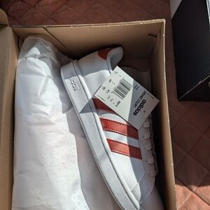Adidas Women's White Sneakers with Pink/Orange Stripes